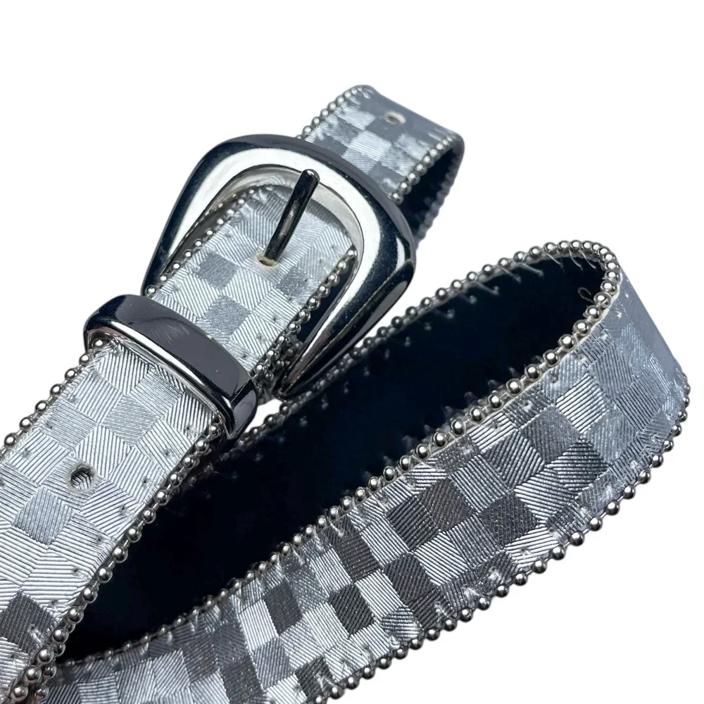 VTG Elite USA Silver Metallic Checkered Belt Disco Y2K Geometric‎ Sz Small Punk
